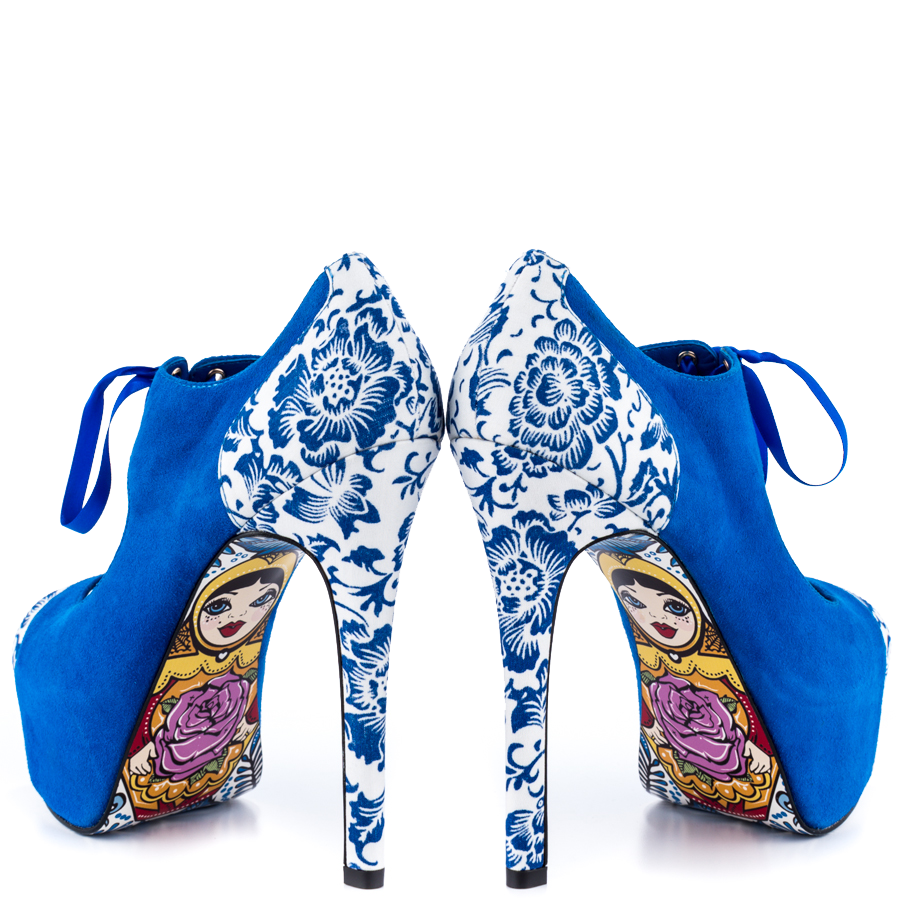 Blue Peep Toe Lace Up Heels Matryoshka Doll Print Platform Pumps