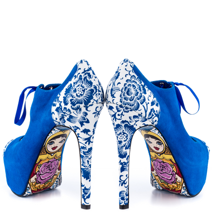Blue Peep Toe Lace Up Heels Matryoshka Doll Print Platform Pumps