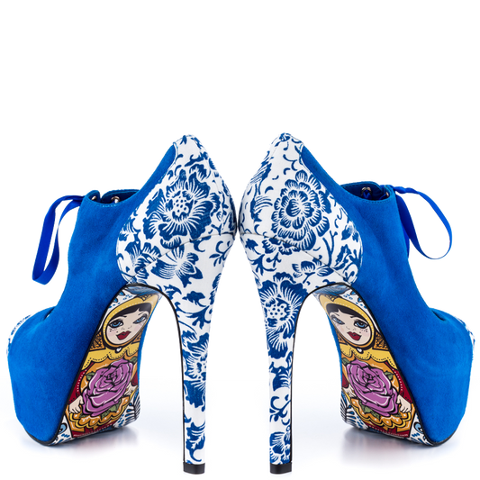 Blue Peep Toe Lace Up Heels Matryoshka Doll Print Platform Pumps