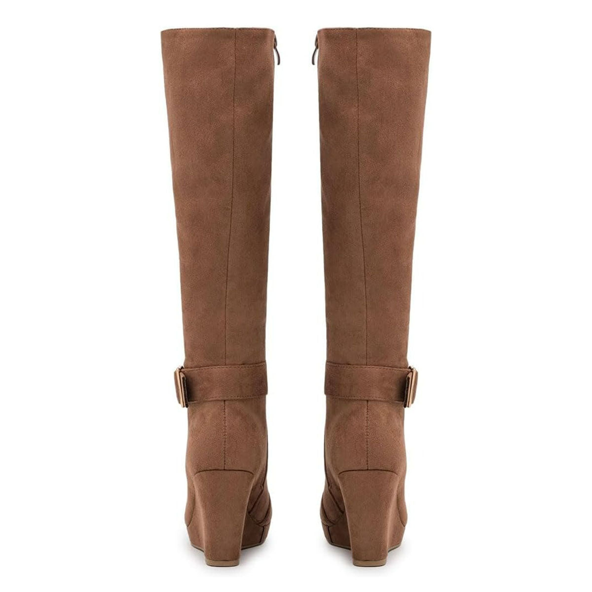 Brown Round Toe Buckle Strap Wedge Heel Platform Knee High Boots