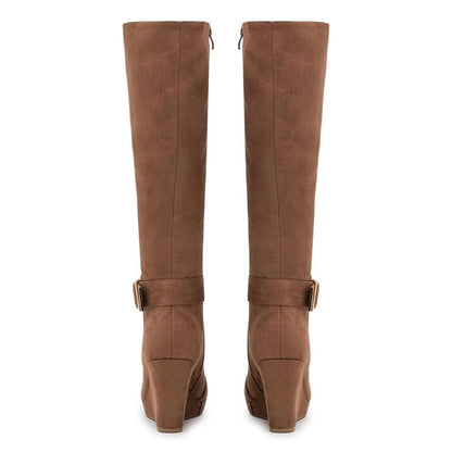 Brown Round Toe Buckle Strap Wedge Heel Platform Knee High Boots
