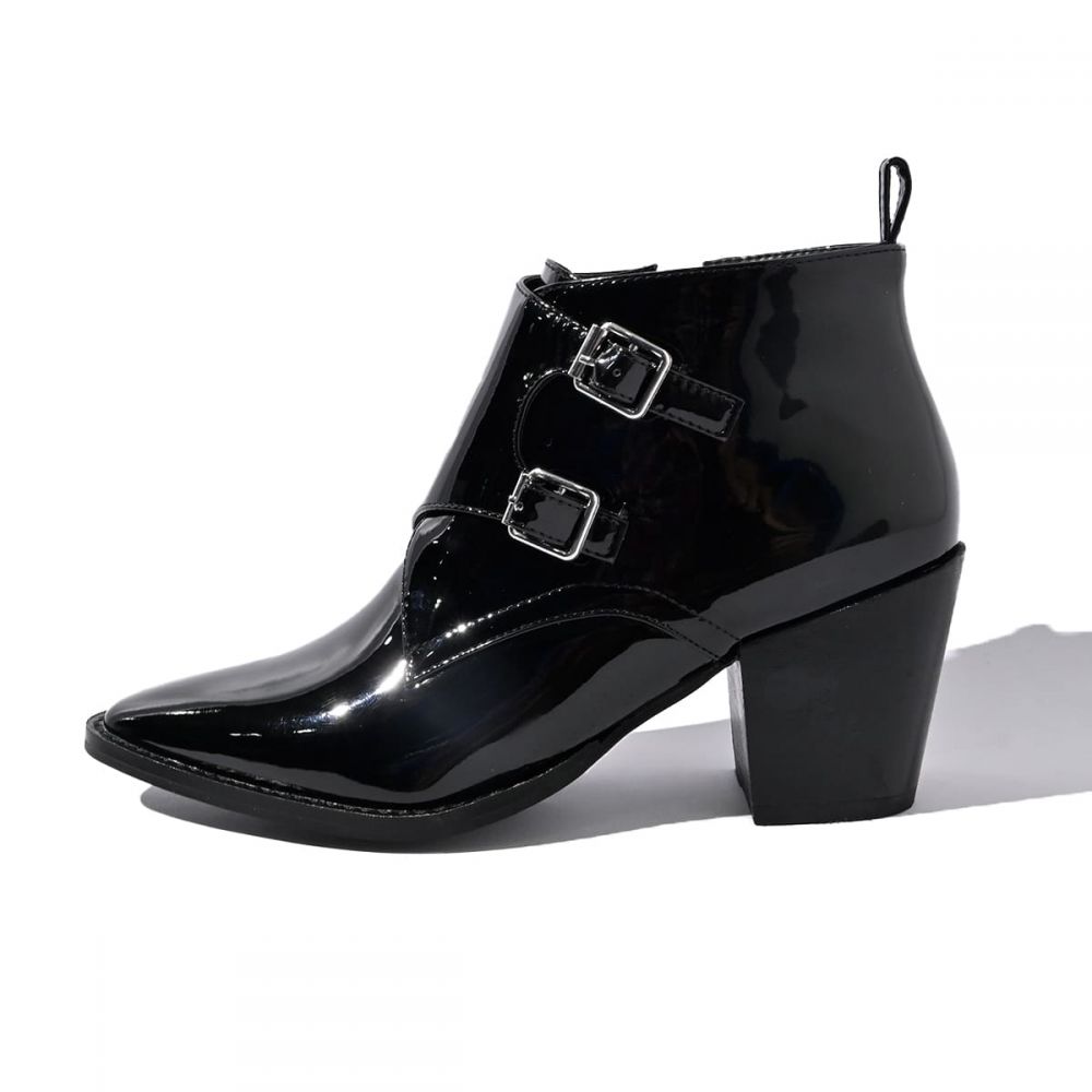 Black Patent Leather Monk Buckle Chunky Heel Ankle Boots
