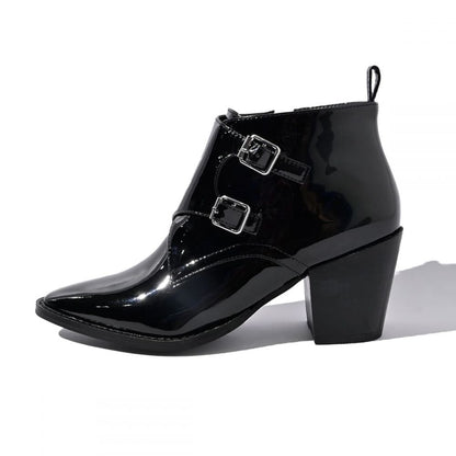 Black Patent Leather Monk Buckle Chunky Heel Ankle Boots