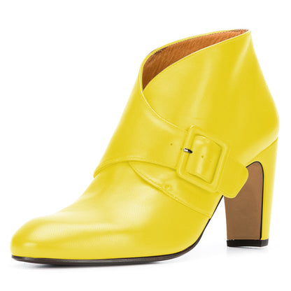 Yellow Buckle Chunky Heel Ankle Boots