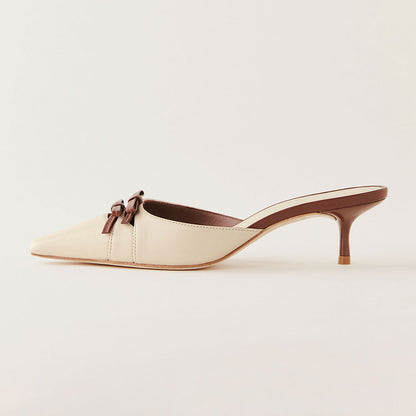Beige Snip Toe Kitten Heel Double Bows Accent Womens Mules Shoes