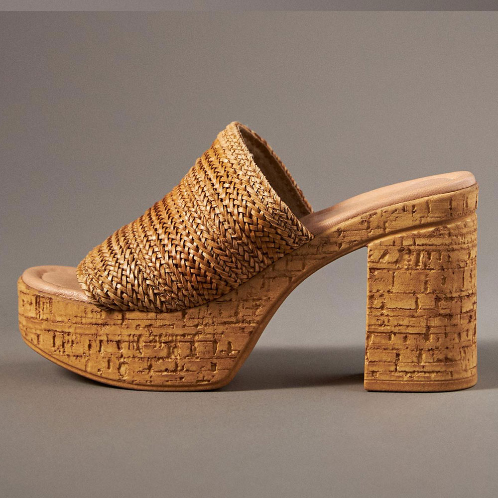 Tan Open Toe Block Heel Woven Slip-On Platform Women's Mules Shoes