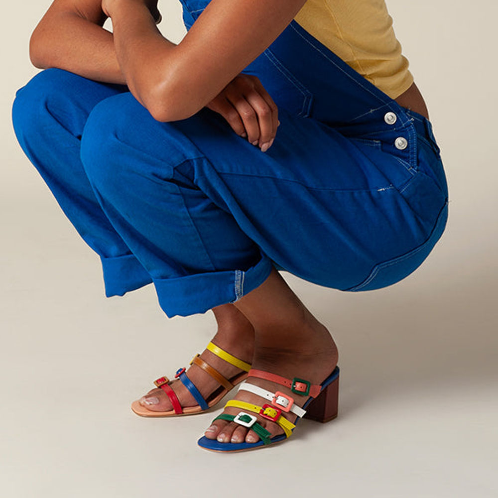 Multicolor Vegan Leather Round Toe Block Heel Strappy Slippers