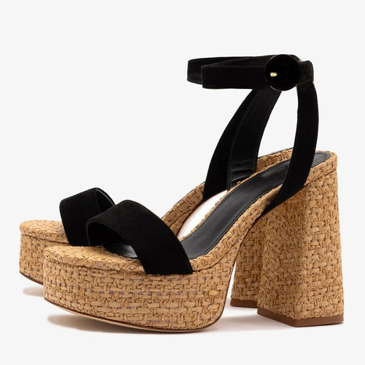 Black & Beige Ankle Strap Open Toe Woven Platform Block Heel Sandals