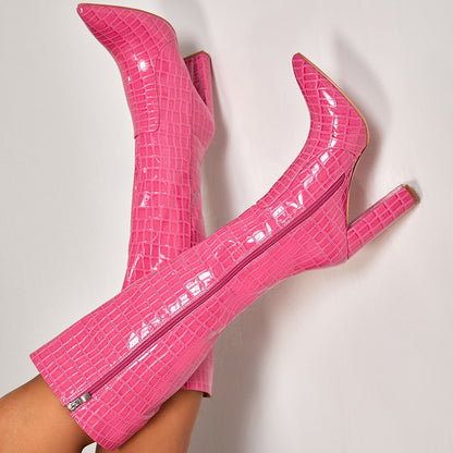Stylish Pink Pointed Toe Embossed Block Heel Knee High Boots
