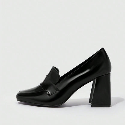 Black Patent Leather Closed Toe Chunky Loafers Women
