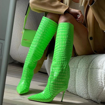 Neon Green Crocodile Embossed Slip On Stiletto Heel Knee High Boots