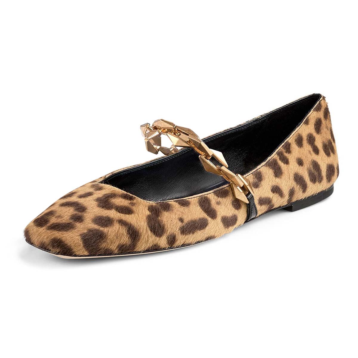 Leopard Print Chain Strap Mary Jane Square Toe Ballet Flats for Women