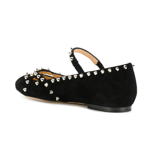 Black Vegan Suede Pointed Toe Rivets Strappy Mary Jane Flats