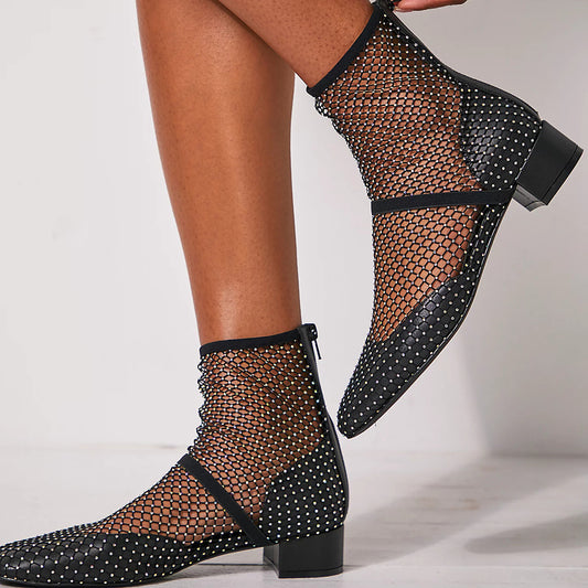 Black Mesh Pointed Toe Rhinestones Ankle Boots with Chunky Heel