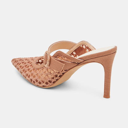 Brown Woven Raffia Pointed Toe Cut-Out Buckle Strap Mule Heels