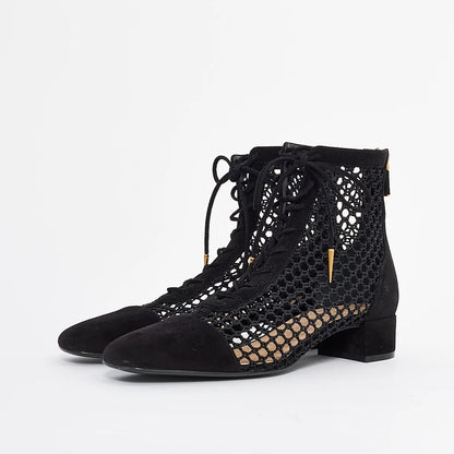 Black Nets Lace Up Summer Booties Block Heel Ankle Boots
