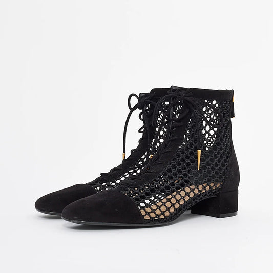 Black Nets Lace Up Summer Booties Block Heel Ankle Boots