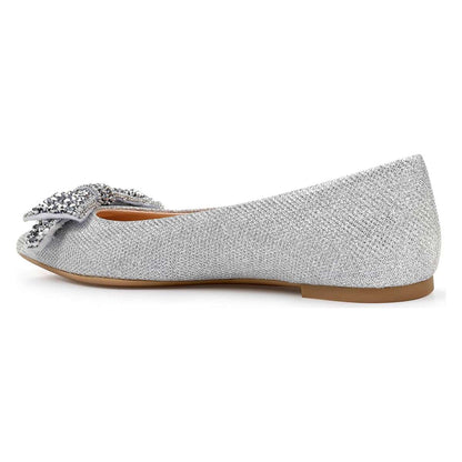 FSJ Beaded Bow Embellished Women's Pointed Toe Flats in Silver