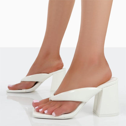 White Patent Leather Square Toe Block Heel Mules for Women