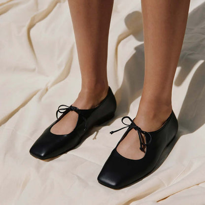 Classic Black Square Toe Lace Up Ballet Flats Shoes for Women