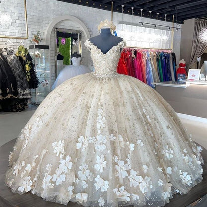 Elegant Ivory V-neck Applique Sweet 16 Quinceanera A-Line Prom Dress Birthday Dress Evening Dress Ball Gown TP4527