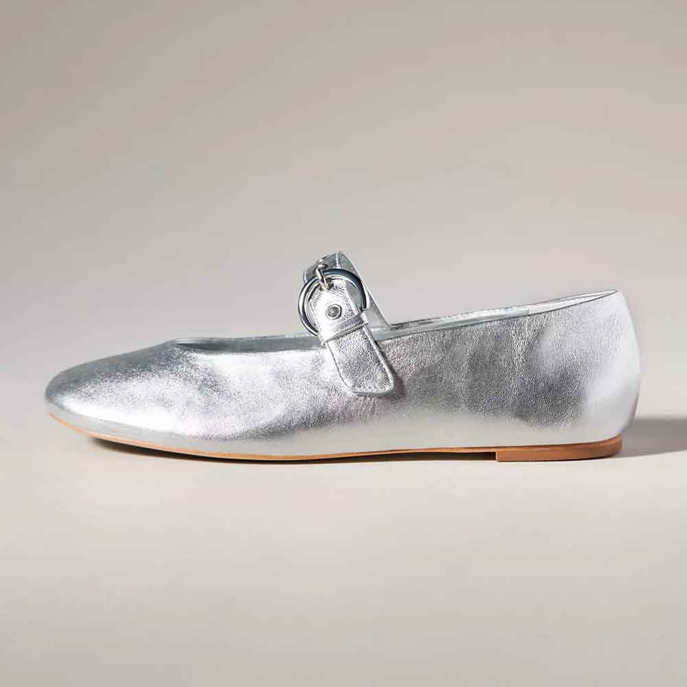 Silver Vegan Leather Round Toe Mary Jane Flats with Buckle