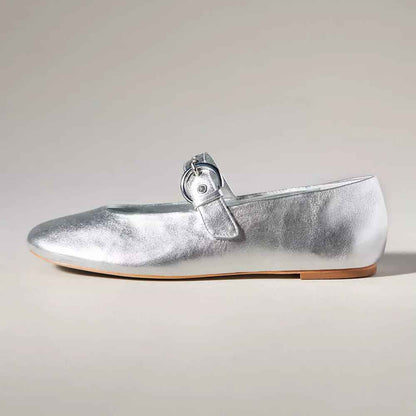 Silver Vegan Leather Round Toe Mary Jane Flats with Buckle