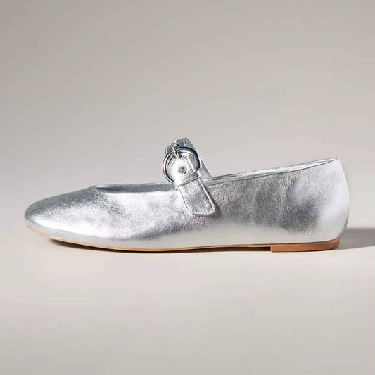 Silver Vegan Leather Round Toe Mary Jane Flats with Buckle