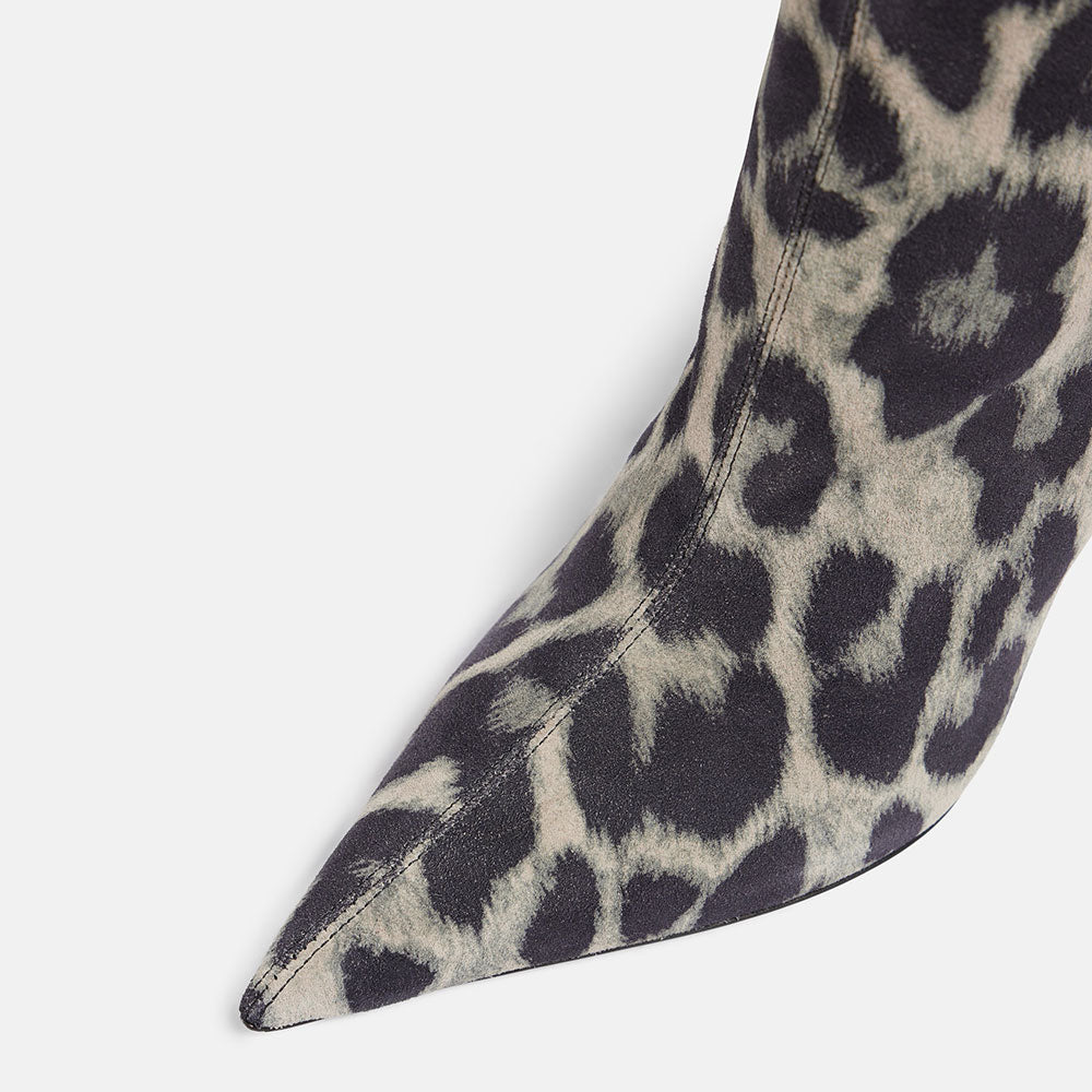 Black & Gray Leopard Print Pointy Toe Stiletto Heel Knee High Boots