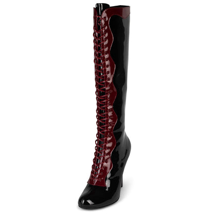 Black & Red Patent Leather Lace-Up Stiletto Heel Knee High Boots