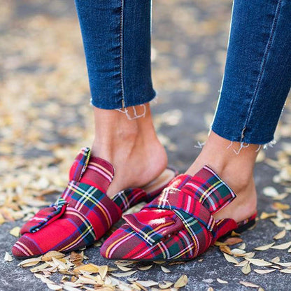 Red and Green Tartan Knotted Front Slip-On Flat Mule Women's Loafers