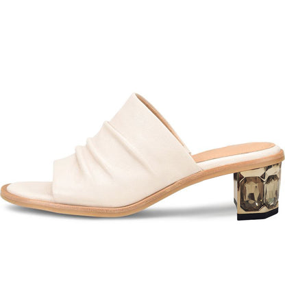 White Open Toe Decorative Heel Wide Band Mules