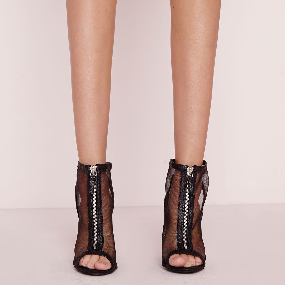 Black Mesh Peep Toe Front Zipper Stiletto Heel Ankle Boots