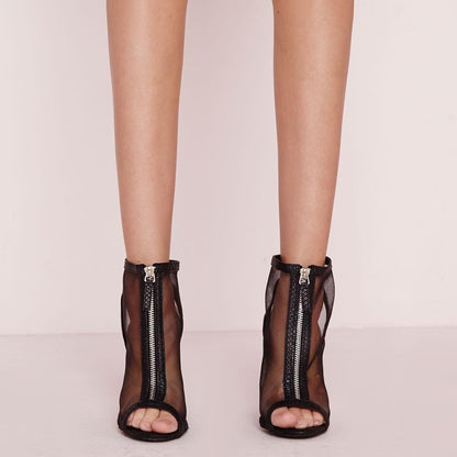 Black Mesh Peep Toe Front Zipper Stiletto Heel Ankle Boots