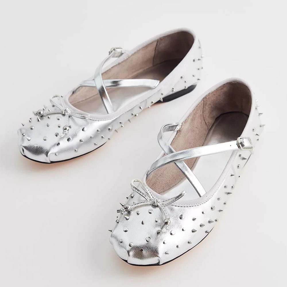 Silver Metallic Round-Toe Studded Bow Ballet Flats with Straps