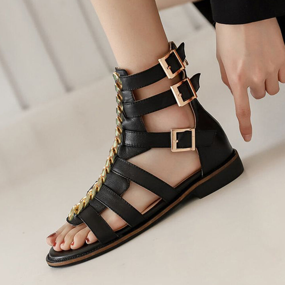 Round Toe  Gladiator Sandals With Chain Buckles Flats Sandals