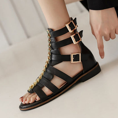 Round Toe  Gladiator Sandals With Chain Buckles Flats Sandals
