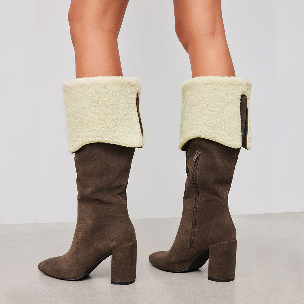 FSJ Brown Vegan Suede Almond Toe Fold Over Fuzzy Knee High Boots