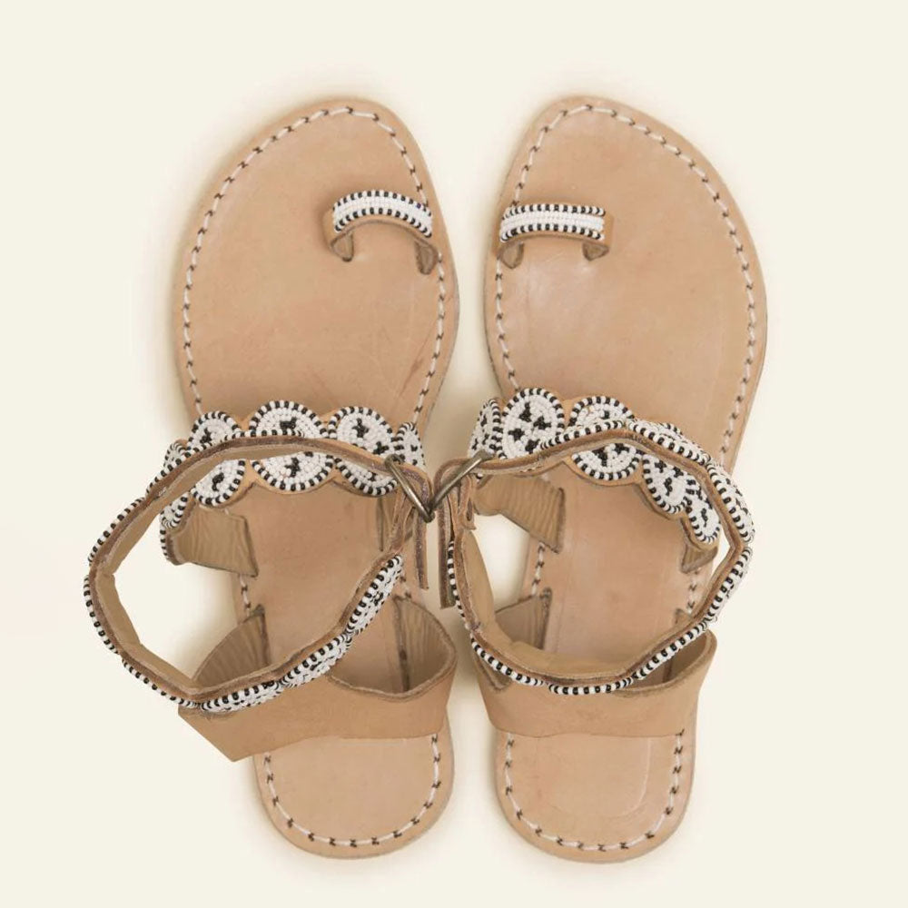 Women's Khaki Flats Beaded Embellished Strap Toe Ring Sandals
