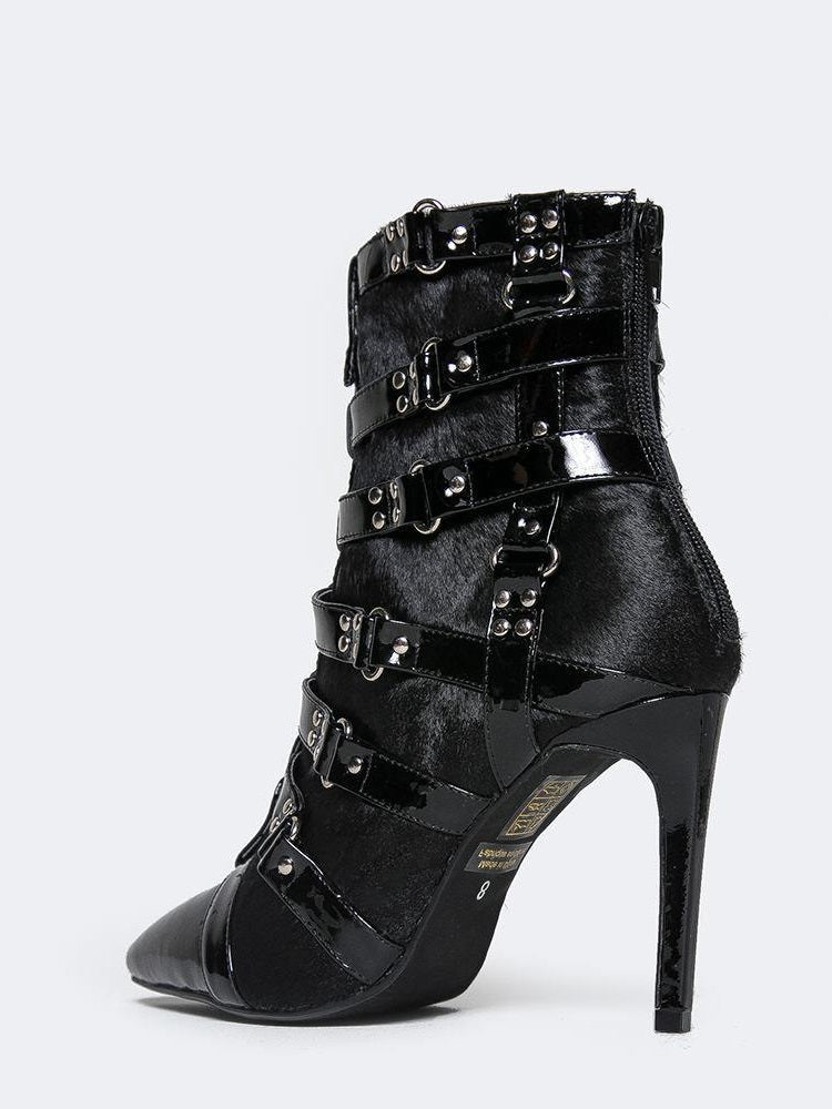 Black Faux Fur Patchwork Buckle Strap Studded Heeled Ankle Boots