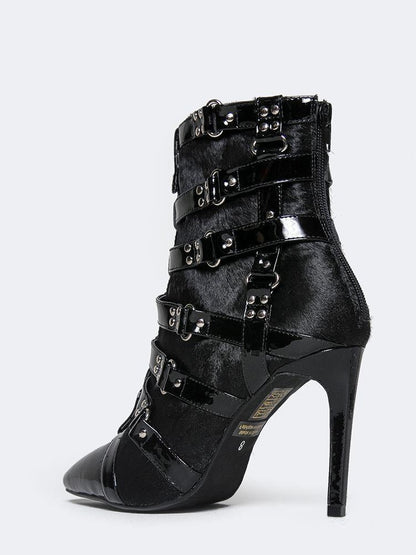 Black Faux Fur Patchwork Buckle Strap Studded Heeled Ankle Boots