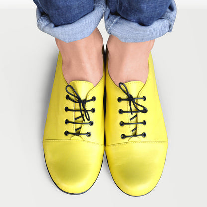 Yellow Vegan Leather Closed Toe Block Heel Lace Up Oxford Shoes