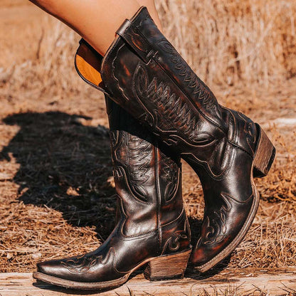 Black Snip Toe Chunky Heel Embroidered Knee High boots for Women