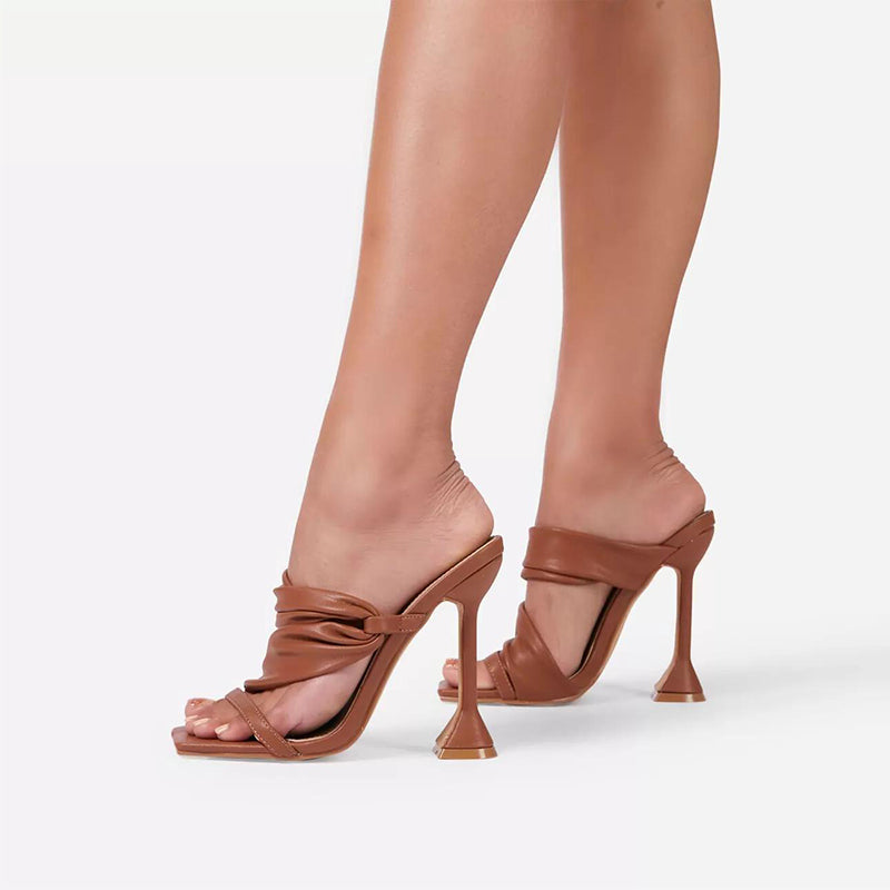 Women's Brown Square Toe Strappy Flared Heel Mules Shoes