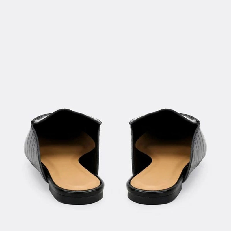 Black Croco Embossed Pointed Toe Mule Loafers for Women