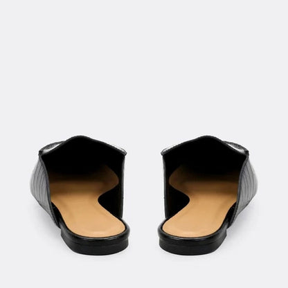 Black Croco Embossed Pointed Toe Mule Loafers for Women