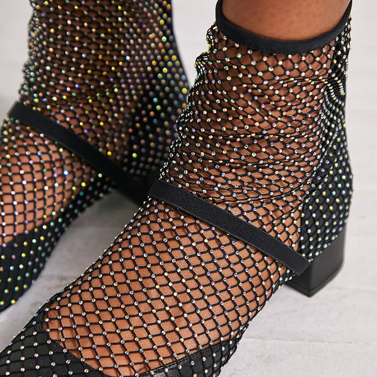 Black Mesh Pointed Toe Rhinestones Ankle Boots with Chunky Heel