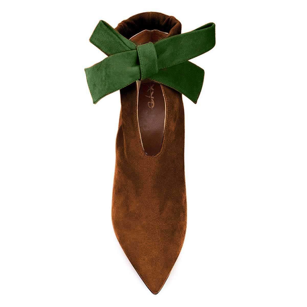 Women's Vegan Suede Pointed Toe Bowknot Decor Heeled Ankle Boots