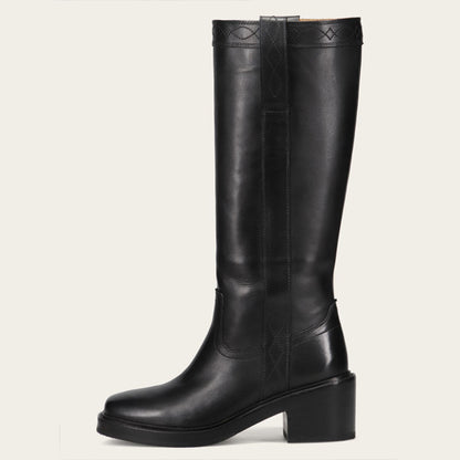 Black Pull-On Square Toe Block Heel Knee High Boots for Women