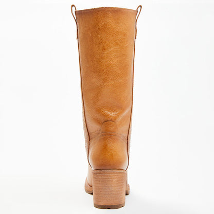 FSJ Classic Tan Round Toe Pull-On Stacked Heel Mid Calf Boots